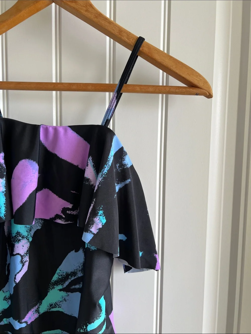 Girls Black One-Piece Swimsuit with Purple and Teal Print